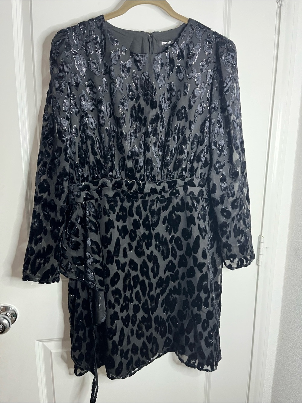 Express Velvet Leopard Cheetah Print Knee Length Long Balloon Sleeve Lined Dress